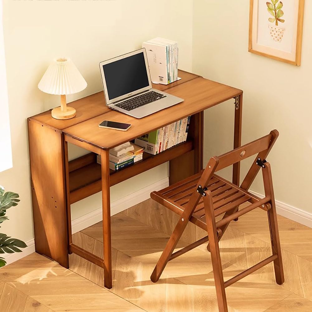 RIVINE Foldable Side Desk Small Space Desk Wood Desk with Storage Shelf Computer Office Desk Bedroom Sofa Side Table(103 * 54cm, Walnut) - WoodArtSupply