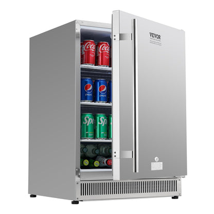 VEVOR 24 inch Indoor/Outdoor Beverage Refrigerator, 185QT Undercounter or Freestanding Beverage Fridge, 175 Cans Built-in Beer Fridge with Stainless Steel Body for Residential Home Bar Commercial Use