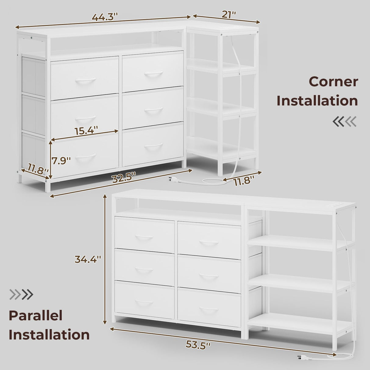 HAUOMS TV Stand with LED Lights for 60 Inch TV,Entertaiment Center with Charging Station,White L Shaped Corner TV Stand with Drawers & Shelves,6 PU Drawers,TV Stand Dresser for Bedroom HAUOMS