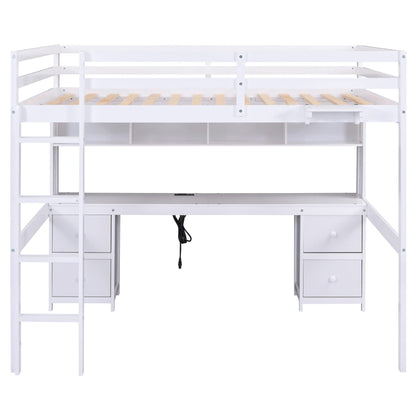 Merax Full Size White Loft Bed with Desk, Storage Cabinets, and Charging Station - WoodArtSupply