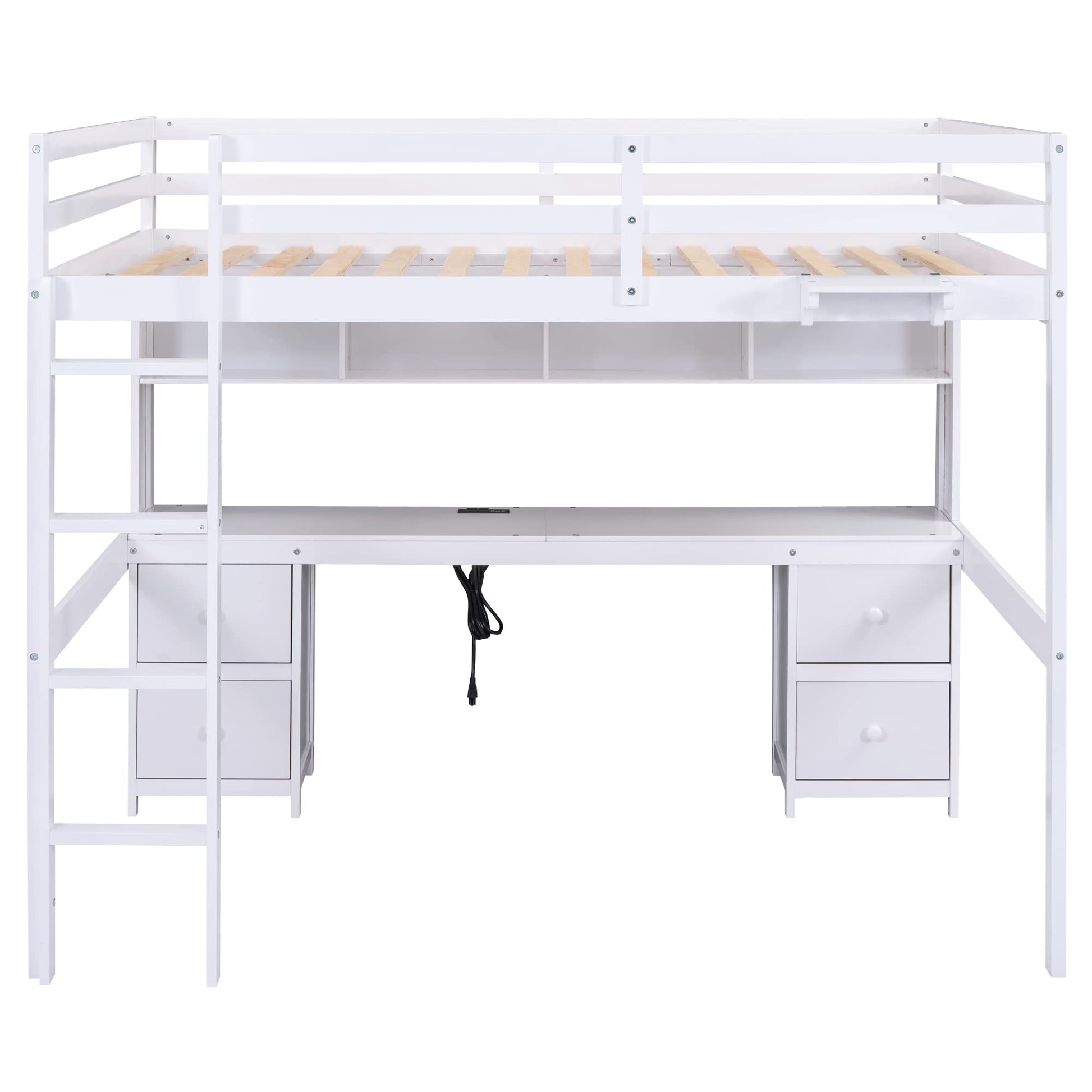 SOFTSEA Full Size Loft Bed with Desk, Drawers, and Storage in White - WoodArtSupply