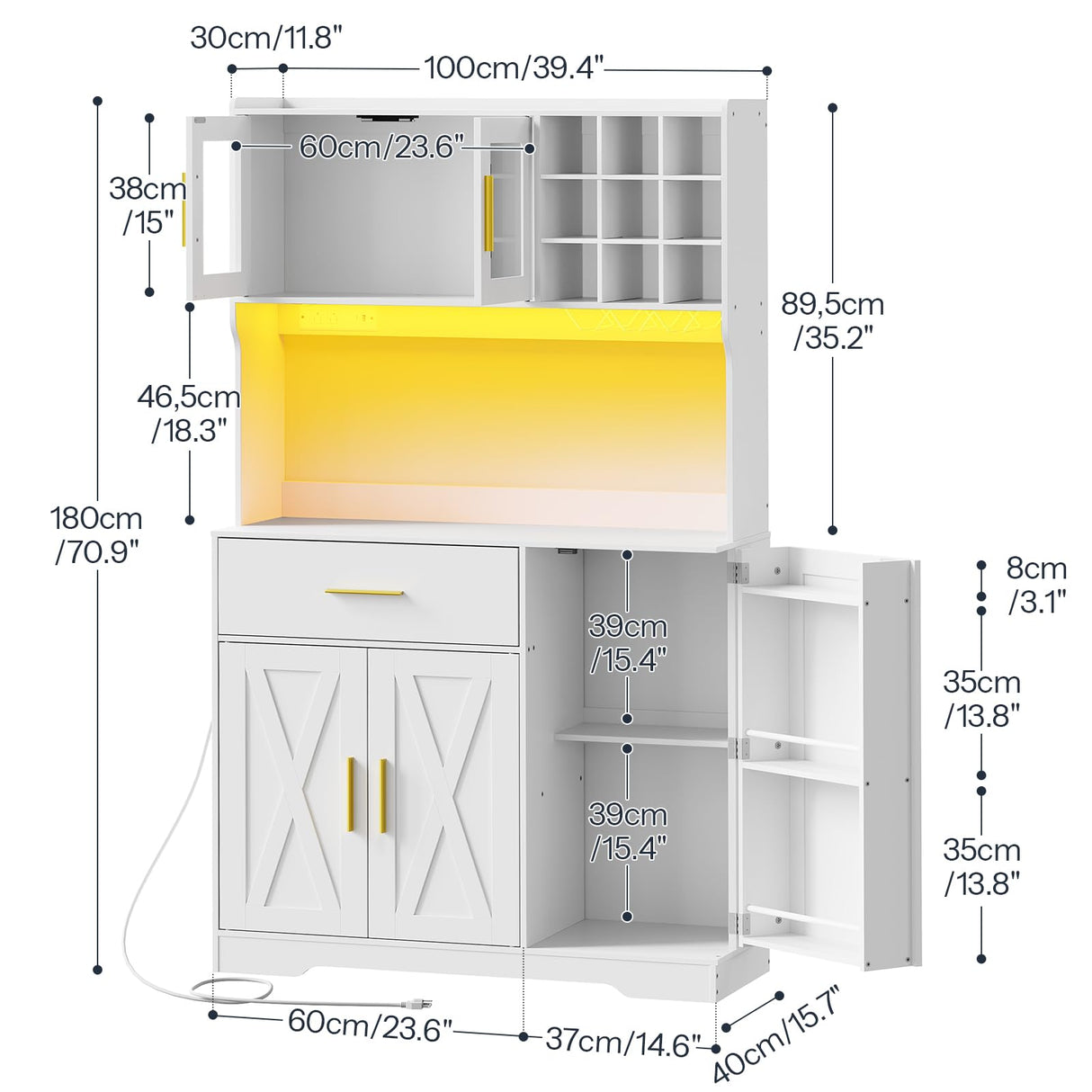 HOOBRO Pantry Cabinet with LED Lights and Charging Station, Kitchen Pantry Cabinet, 71" Tall Farmhouse Pantry with Microwave Shelf, Door Shelves, Wine Rack and Glass Holder, White WT10UDPC01 HOOBRO