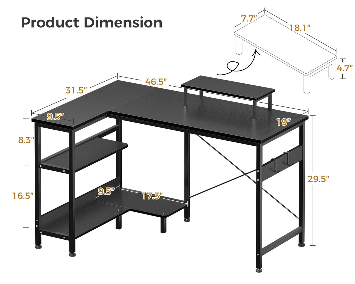 ODK 47 Inch Small L Shaped Computer Desk with Reversible Storage Shelves, L-Shaped Corner Desk with Monitor Stand for Small Space, Modern Simple Writing Study Table for Home Office Workstation, Black ODK