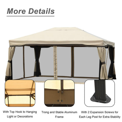 BPS 16 x 12 ft. Outdoor Gazebo Tent Canopy Shelter, Aluminum Frame with Privacy Curtain and Netting, for Patio Garden Yard and Lawn - Brown