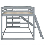 Full Over Full Low Bunk Bed with Slide and Storage Shelves, Wooden Floor Bunk Bed Frame with Ladder, Convertible Full Size Loft Bed with Bookcase for Kids Boys Girls Teens, Gray Bellemave
