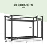 KOMFOTT Metal Low Bunk Bed Twin Over Twin, Heavy Duty Bunk Bed Frame with Ladder & Full-Length Guardrails, Metal Slatted Floor Bed Frame for Teens & Adults, No Box Spring Needed (Black) KOMFOTT