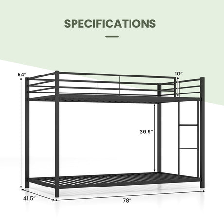 KOMFOTT Metal Low Bunk Bed Twin Over Twin, Heavy Duty Bunk Bed Frame with Ladder & Full-Length Guardrails, Metal Slatted Floor Bed Frame for Teens & Adults, No Box Spring Needed (Black) KOMFOTT