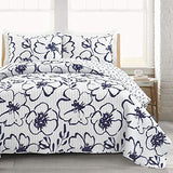 Lush Decor Scandinavian Floral Quilt Queen Size Reversible 3 Piece Set Full/Queen Navy & White - Floral Bedding Set Queen Quilt - White Bedding Lush Decor