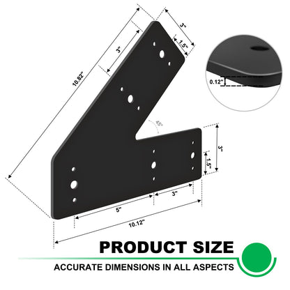 Andorm 4pcs 10x3 45 Degree Angle Steel Flat Plate Pergola Bracket Heavy Duty for Wood 4x4, 6x6 Lumber Powder Coated, Truss Framing Bracket, Post Mending Plate Black