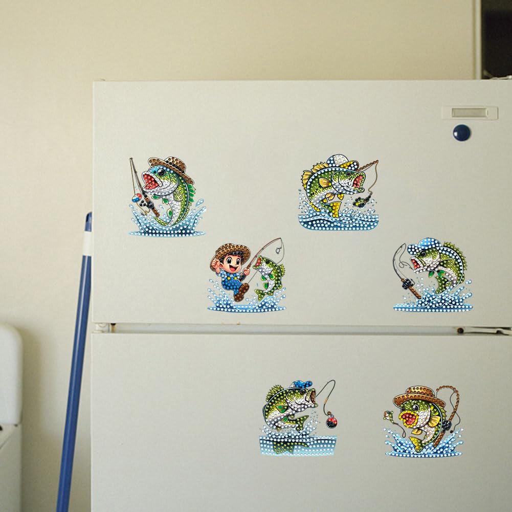 6Pcs Diamond Art Painting Kits, Fishing Diamond Fridge Magnet for Adults 5D Rhinestones Refrigerator Magnetic Stickers for Fridge DIY Crafts Gifts Generic