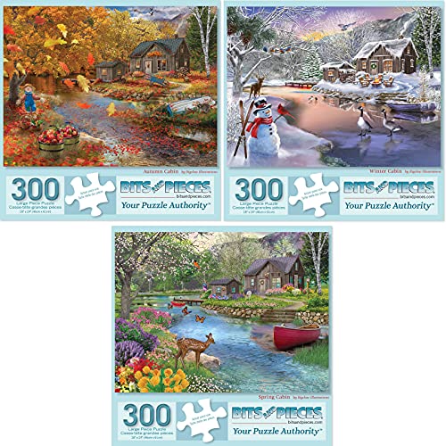 Bits and Pieces 3 Jigsaw Puzzle Set - 300 Piece Puzzles for Adults - Seasonal Cabins Set - 18" x 24" Jigsaw Puzzles - Forest Natiure - Random Die Cut Pieces No 2 are Alike Bits and Pieces