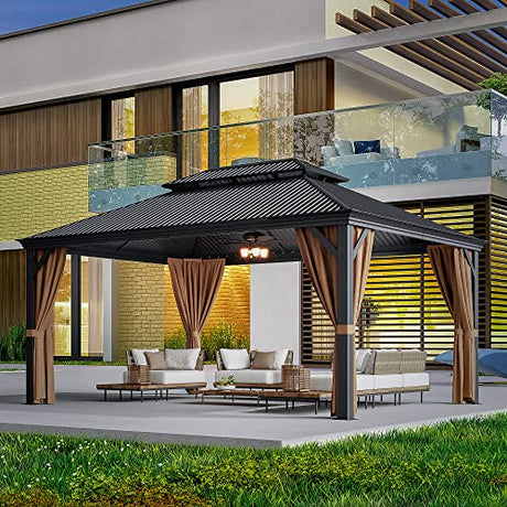 Greesum 12'x16' Hardtop Metal Gazebo, Outdoor Galvanized Steel Double Roof Canopy, Aluminum Frame Permanent Pavilion with Netting and Curtains for Lawns, Patio, Backyard and Deck Greesum