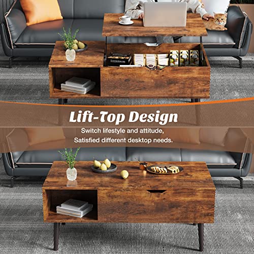 Sweetcrispy Coffee Table Brown, Lift Top Coffee Tables for Living Room, Small Rising Wooden Dining Center Tables with Storage Shelf and Hidden Compartment - WoodArtSupply