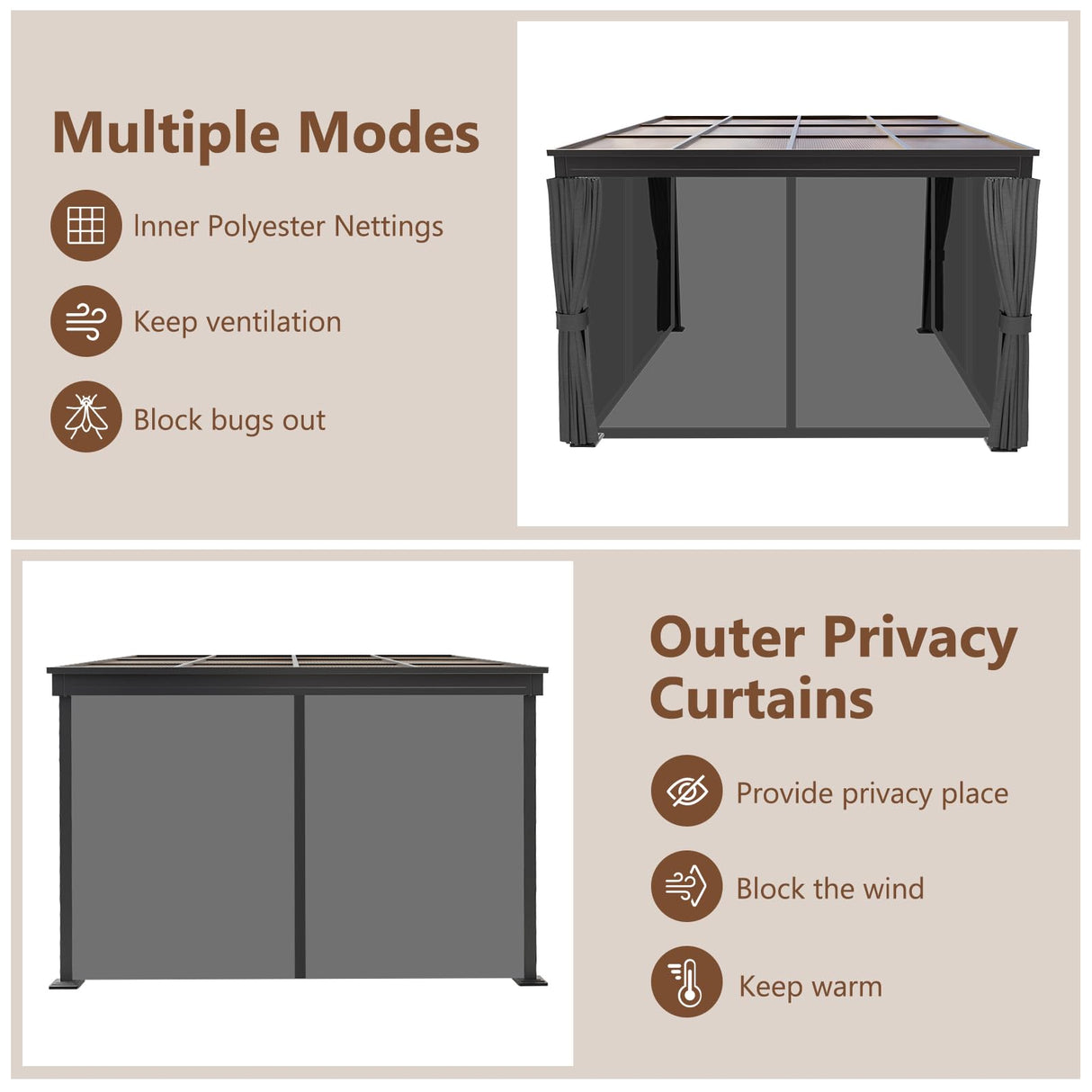 10'x10' Lean to Gazebo, Wall Mounted Gazebo with Aluminum Frame, Curtains and Netting for Patio,Decks, Garden and Lawn HOWSVN