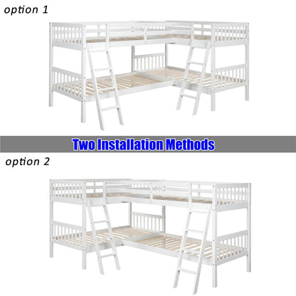 VENYAA Higher Quality and Stronger Solid Wood Quad Bunk Bed Twin Over Twin for 4 with Safer Guardrail and Ladders, Thickened More Stable Wooden Twin Size L-Shaped Bunk Bed (Faster Assembly) (White)