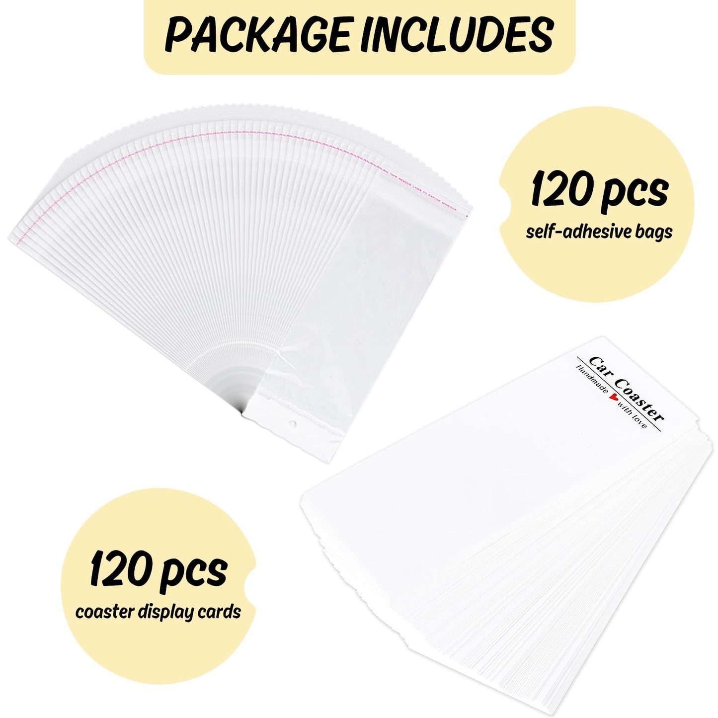 Whaline 120Pcs Car Coaster Packaging for Selling Sublimation Car Coaster Display Cards with Self-Seal Bags Car Coaster Display Bags with White Cards 6.8 x 2.9 Inch Heat Press Machines Accessories