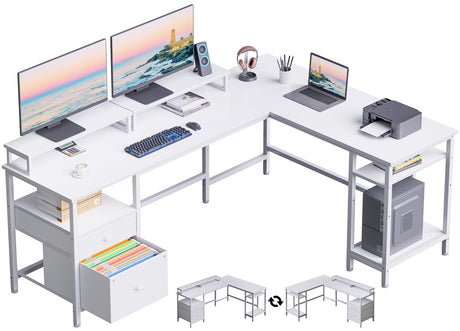 Furologee White 66" L Shaped Desk with Shelves, Reversible Corner Computer Desk with File Drawer & Dual Monitor Stand, Large Home Office Desk Writing Study Gaming Table Workstation Furologee