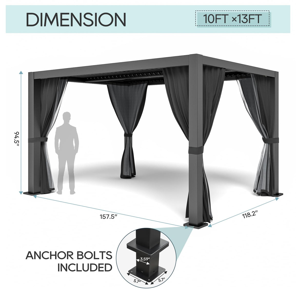 LVUYOYO Louvered Pergola 10' x 13', Outdoor Pergola with Adjustable Roof, Aluminum Frame Pergola with Curtains and Netting, Hardtop Metal Gazebo for Patio, Backyard, Garden, Deck (Black) LVUYOYO