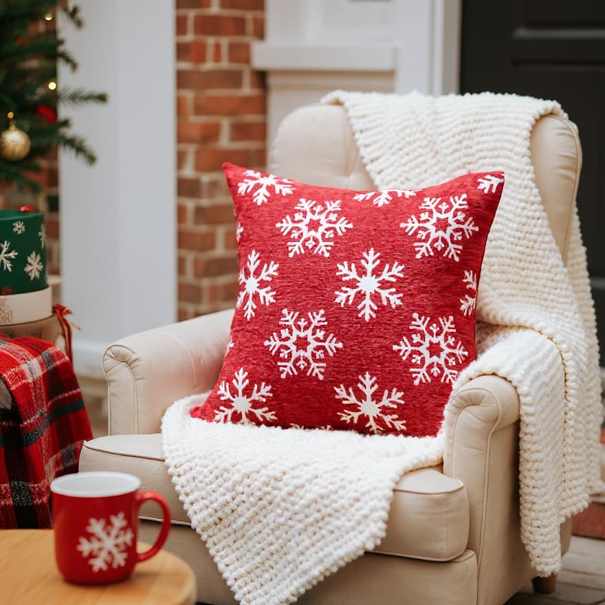 2 Pack Christmas Pillow Covers 18x18, Chenille Double-Sided Snowflake & Christmas Tree Decorative Throw Pillow Cases, Soft Farmhouse Holiday Cushion Covers for Sofa Couch Bed(Red,18x18) Auomily