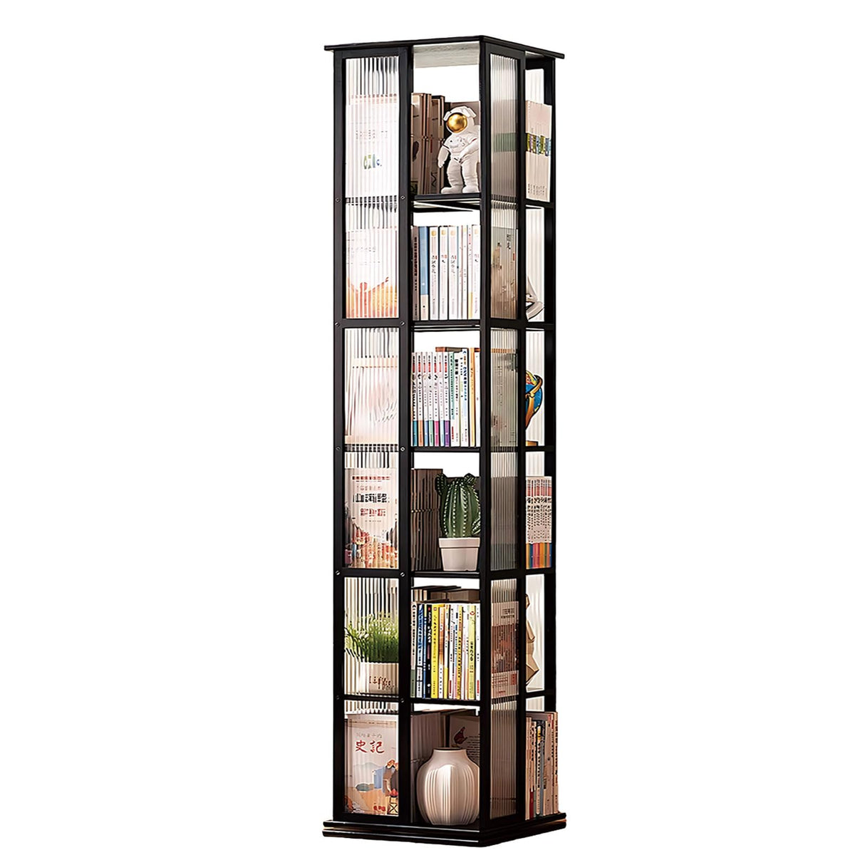 HMBTCRY Rotating Bookshelf, 360 Display Spinning Bookshelf, 6 Tier Rotating Bamboo Bookshelf for Living Room, Bedroom, Study Room (Black) HMBTCRY