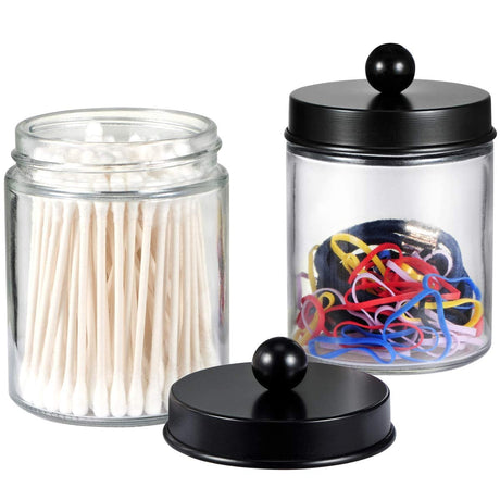 Amolliar 4 Pack Apothecary Jars Bathroom Vanity Storage Organizer Set -Countertop Canister with Stainless Steel Lids &Cute Stickers - Qtip Dispenser Holder for Qtips,Cotton Swabs,Makeup Sponges(Black) Amolliar