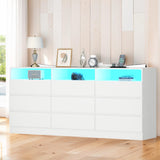 Auromie 9 Drawers Dresser, Double Modern Chest of Drawers with Power Outlet, Dresser TV Stand with Led Light Strip, Drawer Organizer for Bedroom, Living Room, Hallway (White, 9 Drawer) Auromie