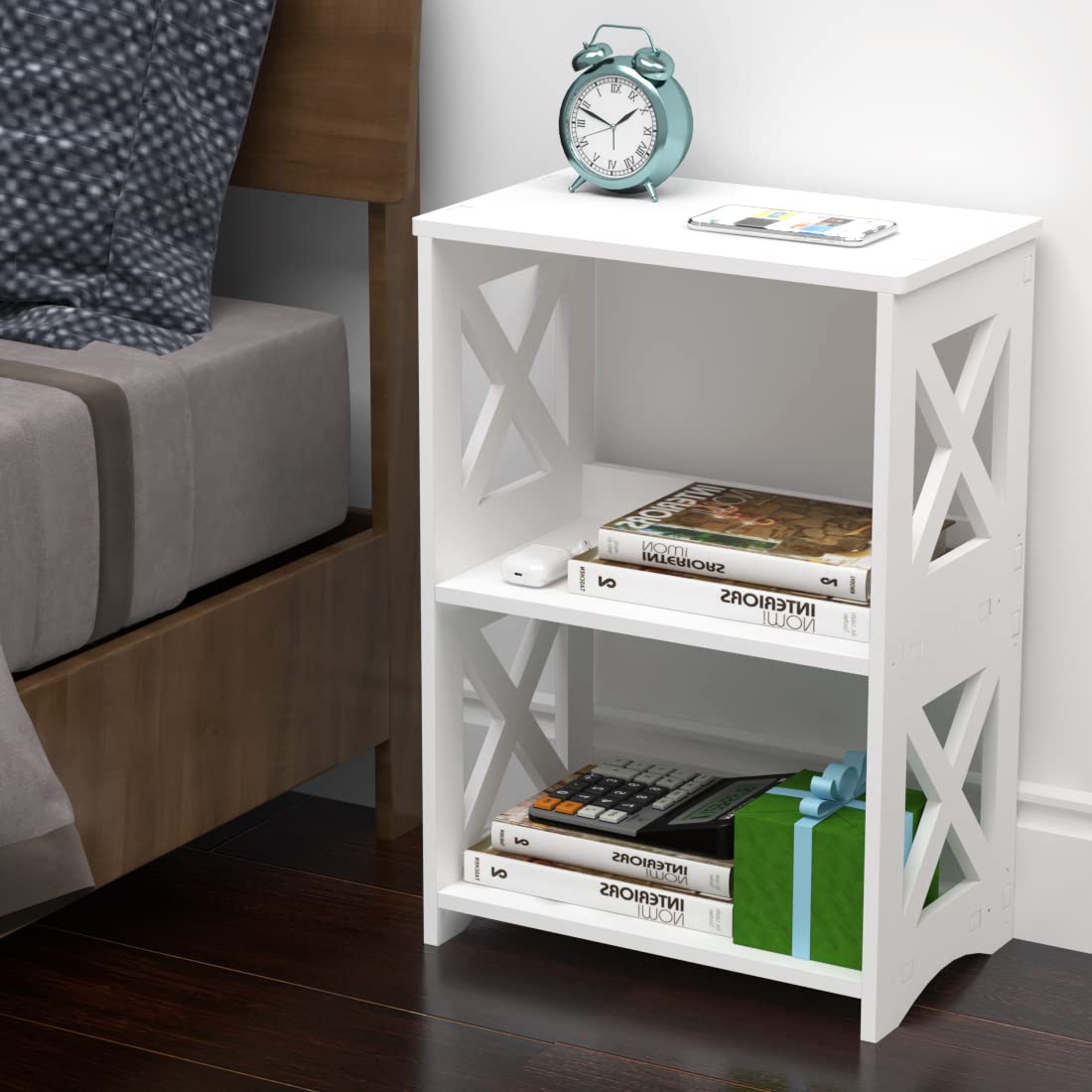 pikpuk Side Table, Narrow End Table with Storage Shelf, Minimalist Bedside Tables Nightstand, Small Bookshelf Bookcase, Bathroom Shelves, Display Rack for Bedroom, Living Room, Office, White. pikpuk