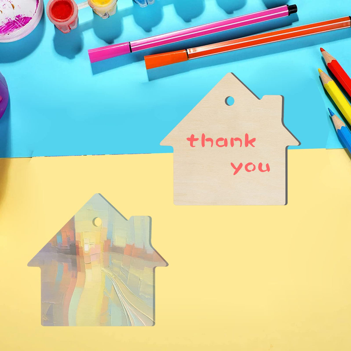 House Shape Hanging Wood House Unfinished Wood with Twines DIY Craft Ornament for Christmas Wedding Birthday Thanksgiving Party Decoration 20Pack Lamantery