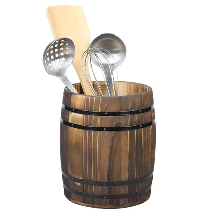 MyGift Wine Barrel Design Kitchen Utensil Crock, Vintage Rustic Burnt Wood Cooking Tool Holder - WoodArtSupply