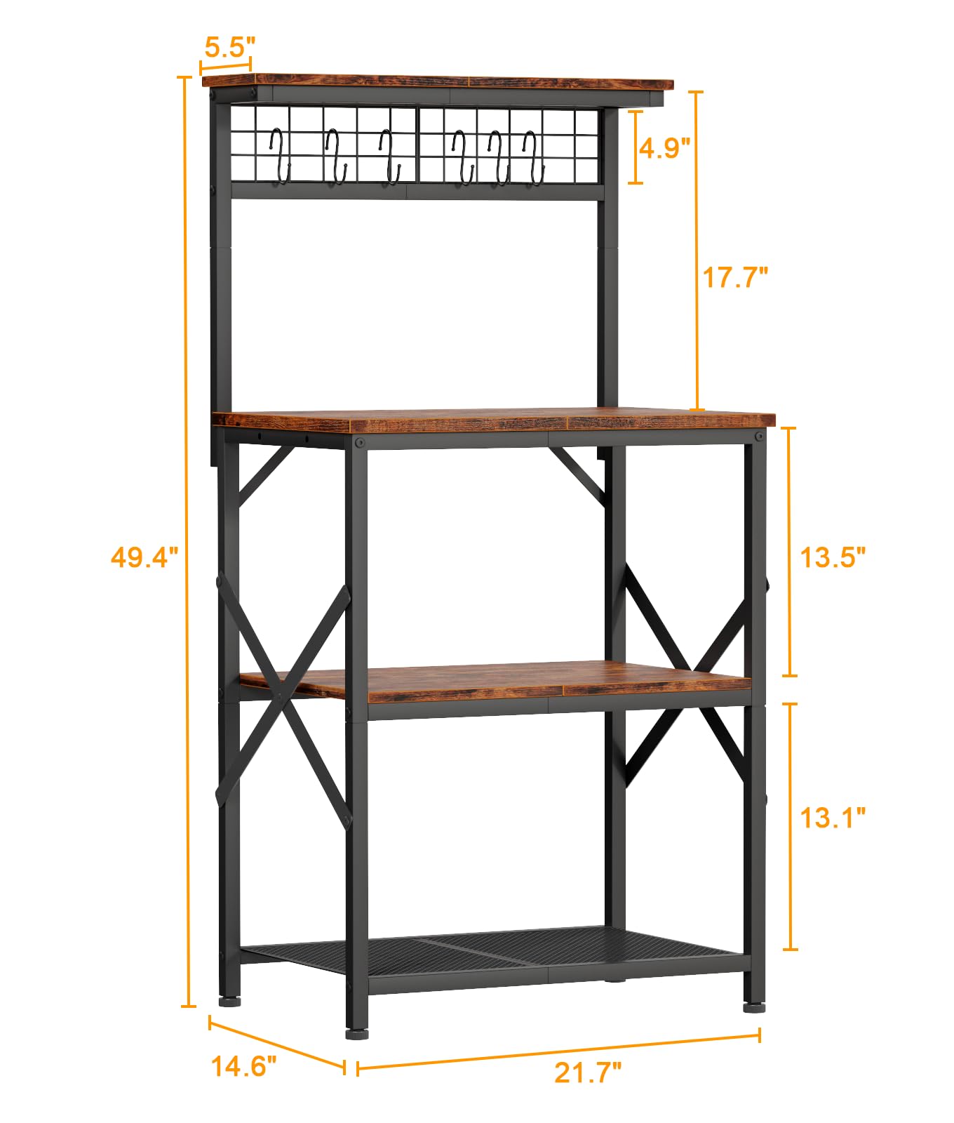 Furologee Kitchen Bakers Rack with Hutch, Coffee Bar Station 4 Tiers, Microwave Oven Stand with 6 S Hooks and Pegboard, Kitchen Microwave Rack for Spice Rack Organizer Workstation, Rustic Brown