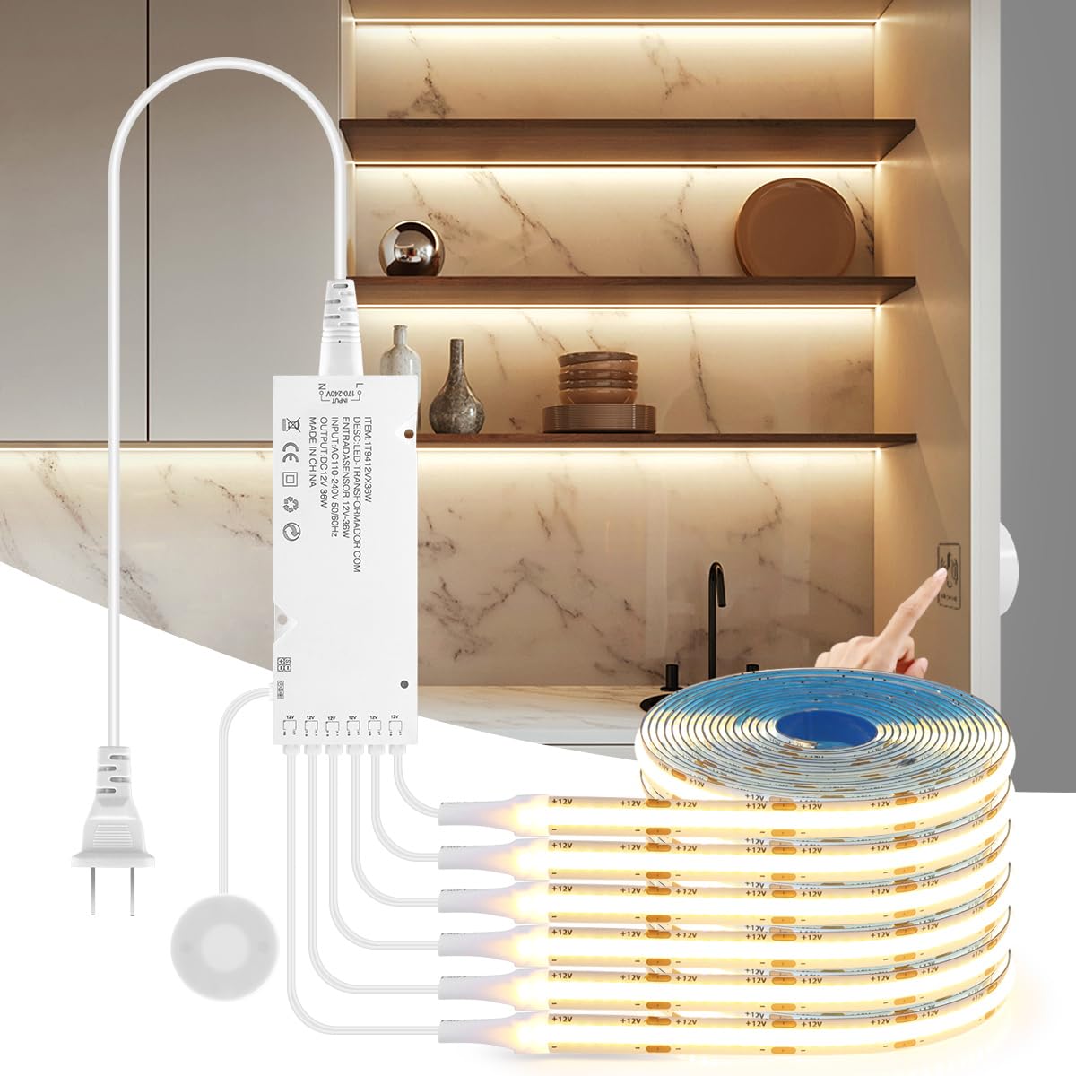 AIMENGTE 12V COB LED Cabinet Light Strip, 6-in-1 Penetrable Touch Dimming, for Wine Cabinets, Shoe Racks, Display Cabinets, Wardrobes, Kitchen Cabinets, and Showcase Lighting AIMENGTE