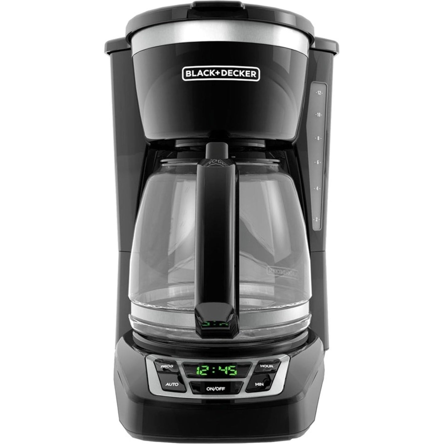 BLACK+DECKER 12-Cup Digital Coffee Maker, Programmable, Washable Basket Filter, Sneak-A-Cup, Auto Brew, Water Window, Keep Hot Plate, Black