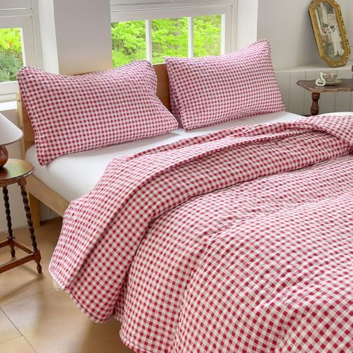NSNLGSGC Red Gingham Twin Quilt Set, Soft Pre-Washed Microfiber Red Plaid Twin Bedspread, Lightweight Checked Summer Quilt, Grid Bedding Coverlets for All Seasons (Includes 1 Quilt, 1 Pillow Sham) NSNLGSGC
