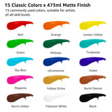ABEIER Large Bulk Acrylic Paint Set, 15 Colors (473 ml/16 fl oz), Matte Finish, Rich Pigments, Non-Toxic Paints for Painting on Canvas Crafts Wood Ceramic, Ideal for Beginners and Students ABEIER