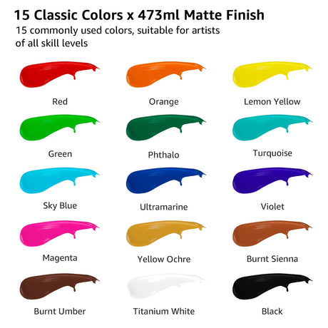 ABEIER Large Bulk Acrylic Paint Set, 15 Colors (473 ml/16 fl oz), Matte Finish, Rich Pigments, Non-Toxic Paints for Painting on Canvas Crafts Wood Ceramic, Ideal for Beginners and Students ABEIER