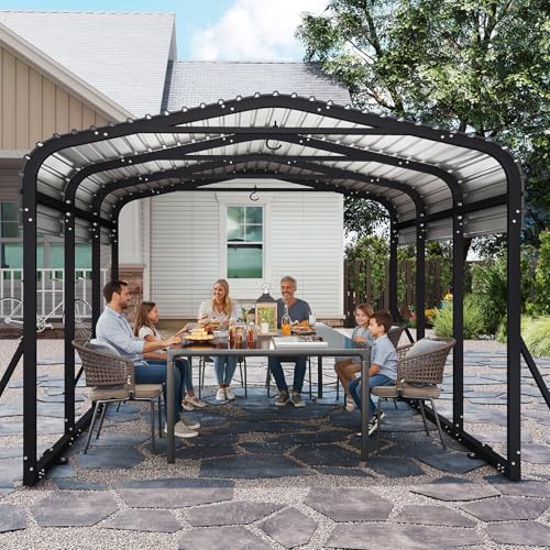 Jocoevol Heavy Duty Metal Carport Canopy, 10x15 FT Outdoor Car Port with Waterpoorf Metal Roof& Side Support Rods, Multi-Use Shelter Outdoor Garage for Car, Boats and Truck Jocoevol