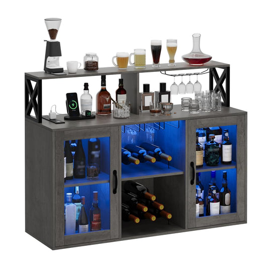 GarveeHome Bar Cabinet for Home, Liquor Cabinet with Power Outlets, Led Lights and and Glass Holder, Wine Cabinet with Storage, Wine Cabinet with Racks for Home, Kitchen Retro Gray - WoodArtSupply