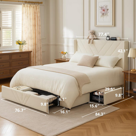 COMHOMA King Size Metal Bed Frame with Upholstered Headboard,Storage Drawers,USB & Type-C Charging Ports,No Box Spring Needed,White COMHOMA