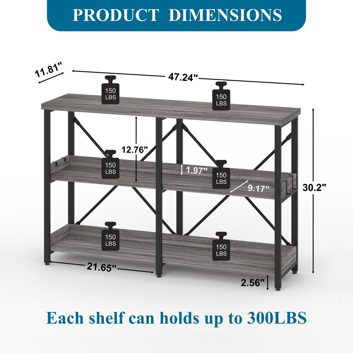 BON AUGURE Dark Grey Oak Industrial Sofa Console Table with 3 Tiers and Hooks - WoodArtSupply