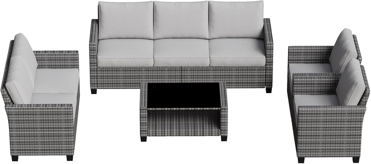Patio Furniture Sets 6 Pieces, PE Wicker Modern Patio Conversation Set with Storage Cushions for Poolside, Deck, Balcony, Grey + Earthy Grey GAOMON