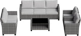 Patio Furniture Sets 6 Pieces, PE Wicker Modern Patio Conversation Set with Storage Cushions for Poolside, Deck, Balcony, Grey + Earthy Grey GAOMON