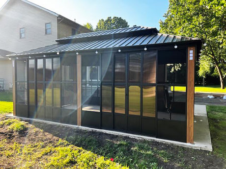 PURPLE LEAF 12' X 20' Patio Hardtop Gazebo Double Top Outdoor Screen House Aluminum Solarium Backyard Sun Room with Detachable Windows and 36 Solar String Light PURPLE LEAF