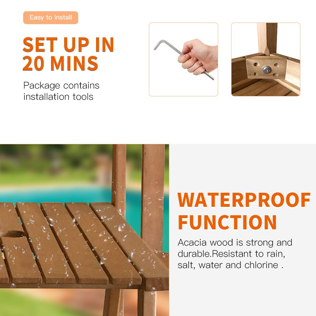 FDW Outdoor Patio Bench Wood Garden Bench Park Bench Acacia Wood with Table for Pool Beach Backyard Balcony Porch Deck Garden Wooden Furniture FDW