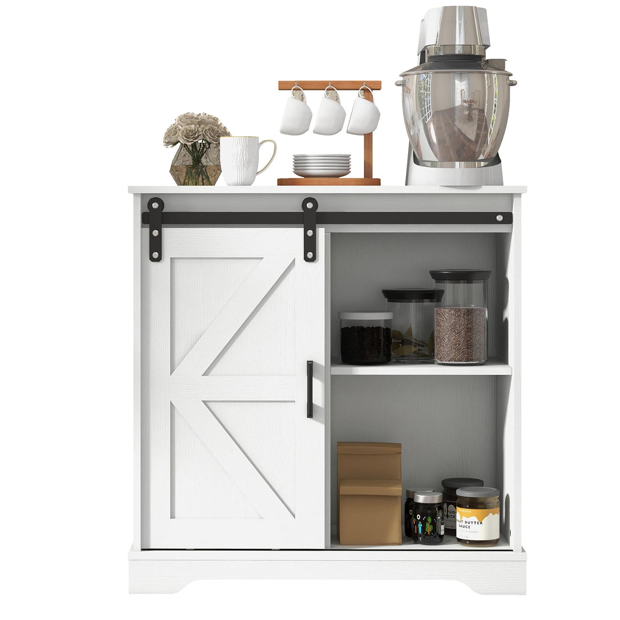 Panana Sliding Barn Door Buffet Sideboard Storage Cabinet Coffee Bar Kitchen Farmhouse Style (White) Panana
