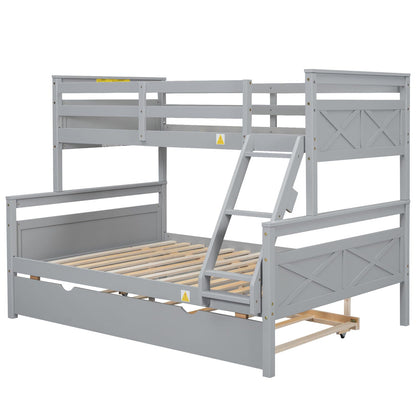 Merax Grey Twin Over Full Solid Wood Trundle Bunk Bed with Guardrail and Ladder - WoodArtSupply