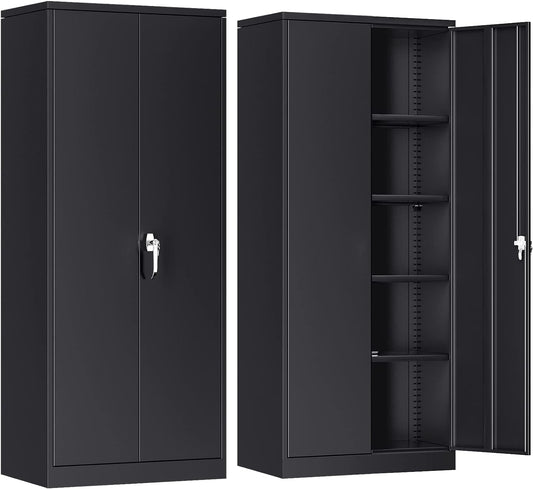 INTERGREAT Metal Storage Cabinet with 2 Doors and 4 Adjustable Shelves, Garage Storage Cabinet, Tall Steel Cabinet Locking Cabinet for Office,Home, Garage, Gym, School (Black)