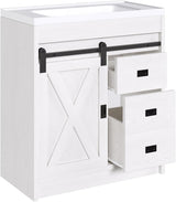 4ever2buy Farmhouse Bathroom Vanity with Sink, Bathroom Vanity Cabinet with 2 Drawers & Sliding Barn Door, White 4ever2buy