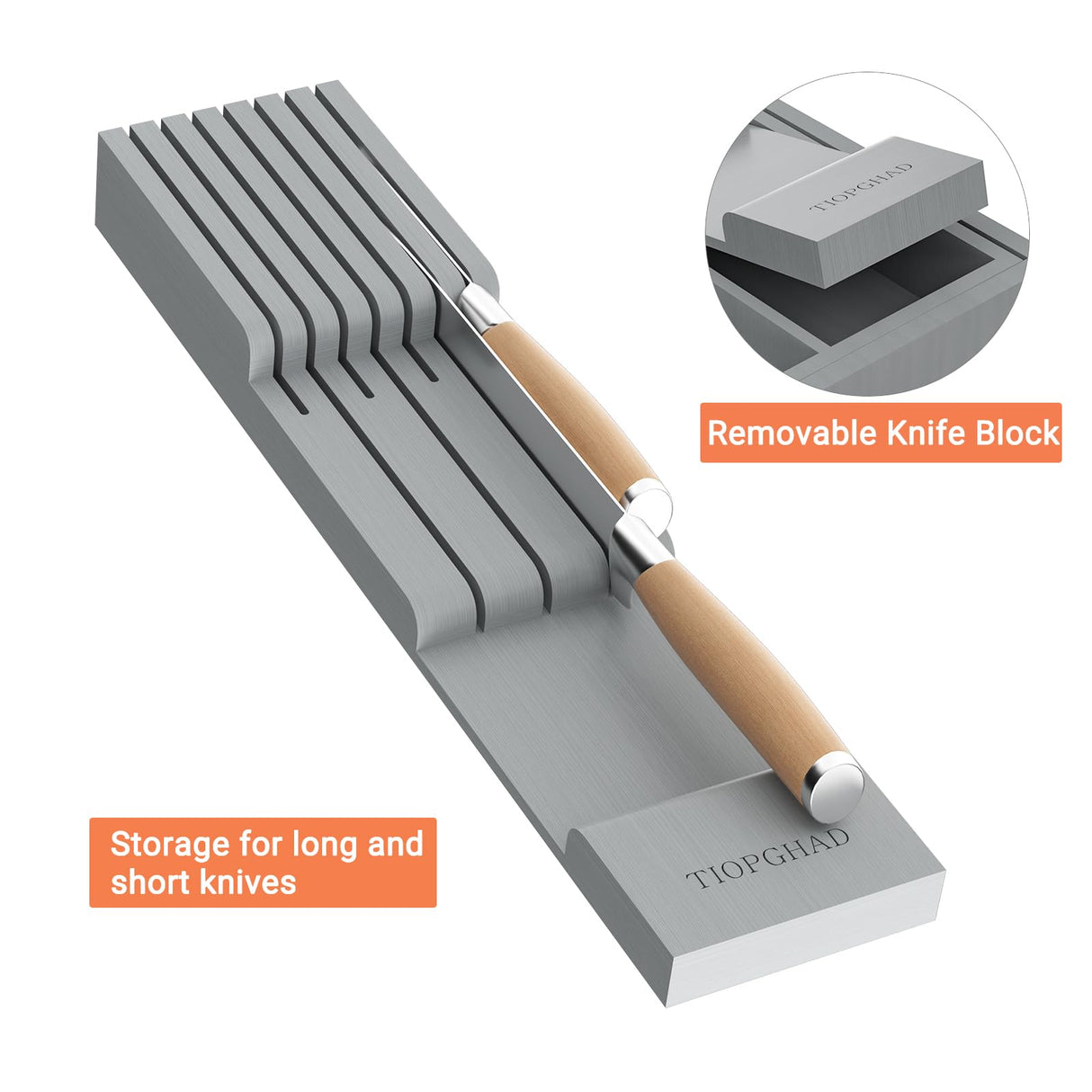 TIOPGHAD Bamboo-Silverware-Drawer-Organizer-Kitchen, Expandable Utensil Holder Cutlery Tray Flatware Organization Adjustable Wood Tableware Dividers Storage (with Removable Knife Block)(Grey) TIOPGHAD