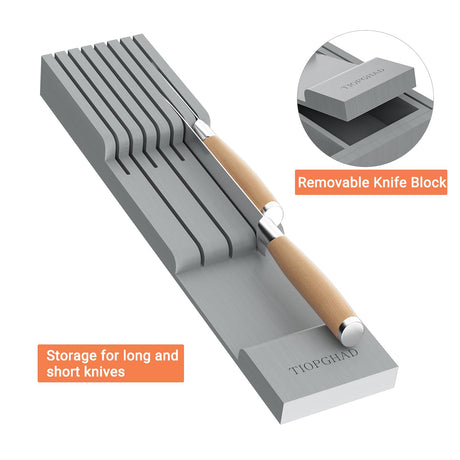 TIOPGHAD Bamboo-Silverware-Drawer-Organizer-Kitchen, Expandable Utensil Holder Cutlery Tray Flatware Organization Adjustable Wood Tableware Dividers Storage (with Removable Knife Block)(Grey) TIOPGHAD
