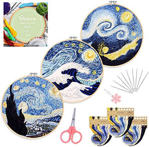 Santune 3 Sets Embroidery Cross Stitch Kits with Instructions,Needlepoint Kit with 3 Stamped Clothes,1 Hoop and 6 Needles,Mothers Day Gifts